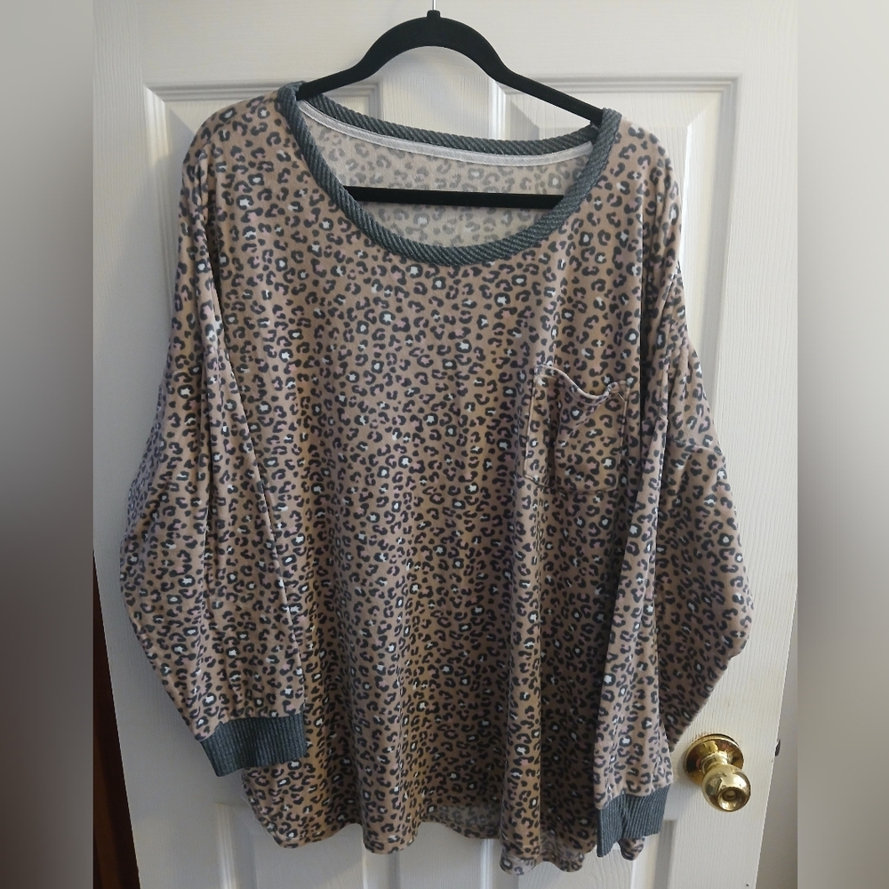 Animal Print Velour Casual Shirt Top 1X 2X